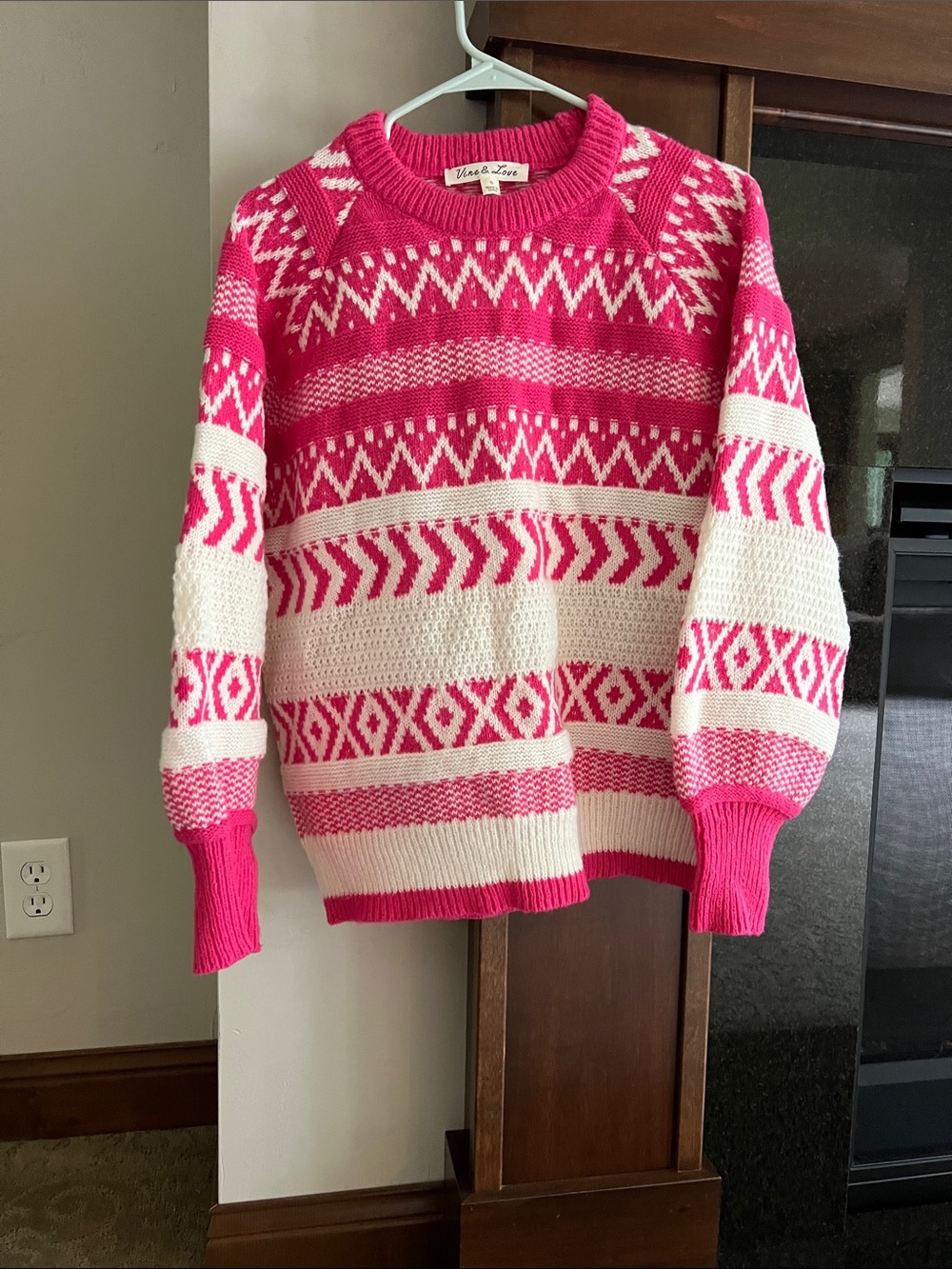 Vine & Love Hot Pink and White Fair Isle Crewneck Sweater